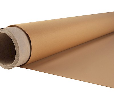 Waterdichte stretch stof beige. PVC/PU gecoat polyester, 730 gr/m². Brandwerend.